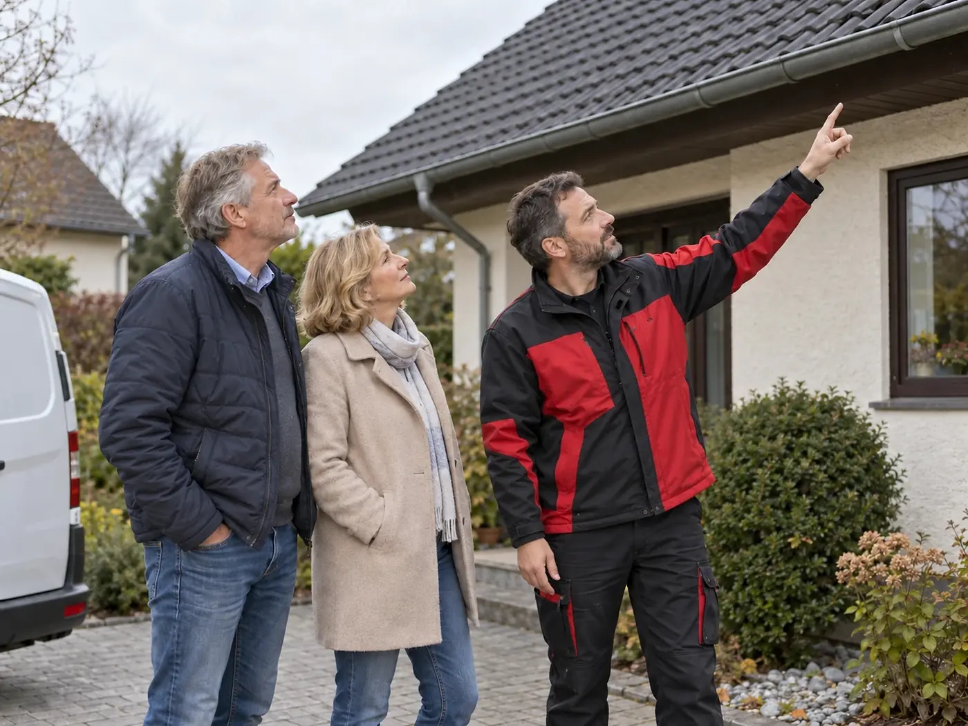 Dachdecker in rot-schwarzer Arbeitsjacke zeigt einem Ehepaar vor dem Haus die Dachkante