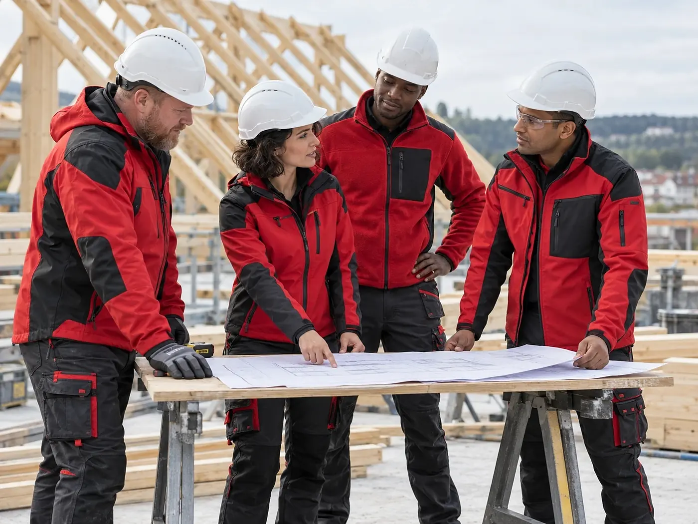 Vier Handwerker in einheitlicher roter Arbeitskleidung besprechen auf der Baustelle einen Plan